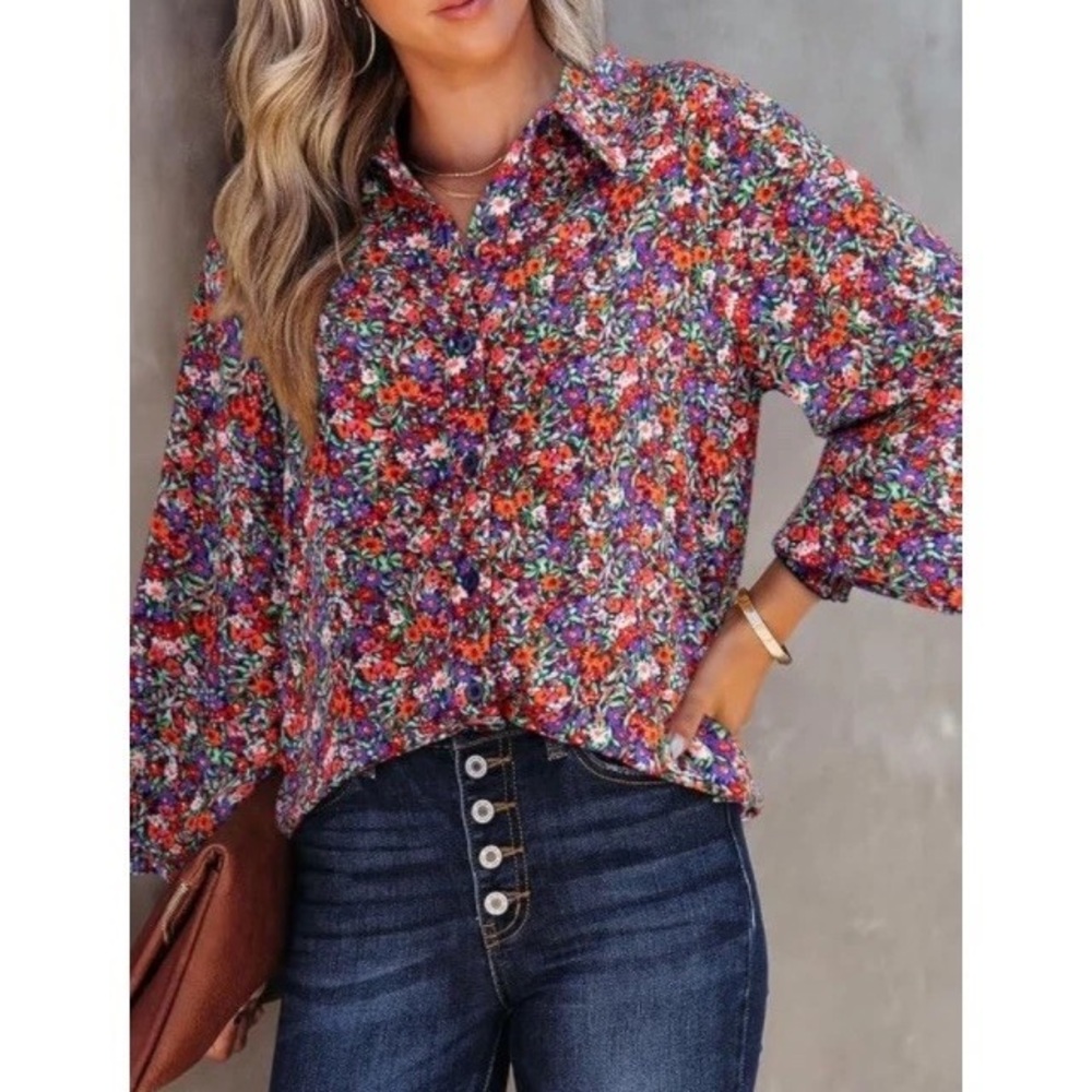 Dokotoo Women’s Floral Balloon Sleeve Button Down Blouse Top Shirt Casual Office